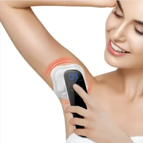 Black and white digital armpit massager with glowing blue display