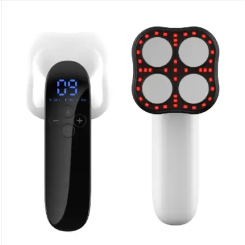 Black and white led facial treatment device with four circular light panels on the headpiece
