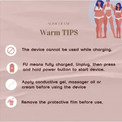 Pink illustrated guide with white text offering usage tips for a device.