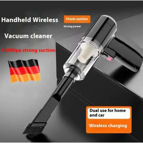 Black handheld wireless vacuum cleaner with transparent dust collection chamber and a brush attachment.