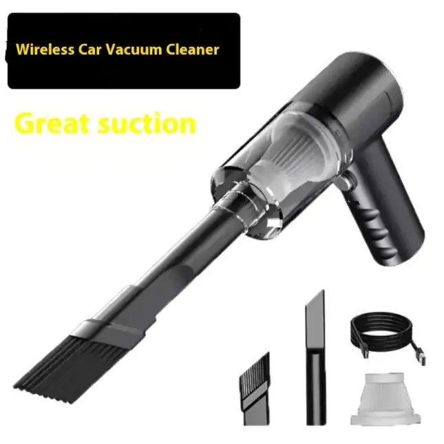 Black wireless car vacuum cleaner with transparent dust collection chamber and multiple attachments.