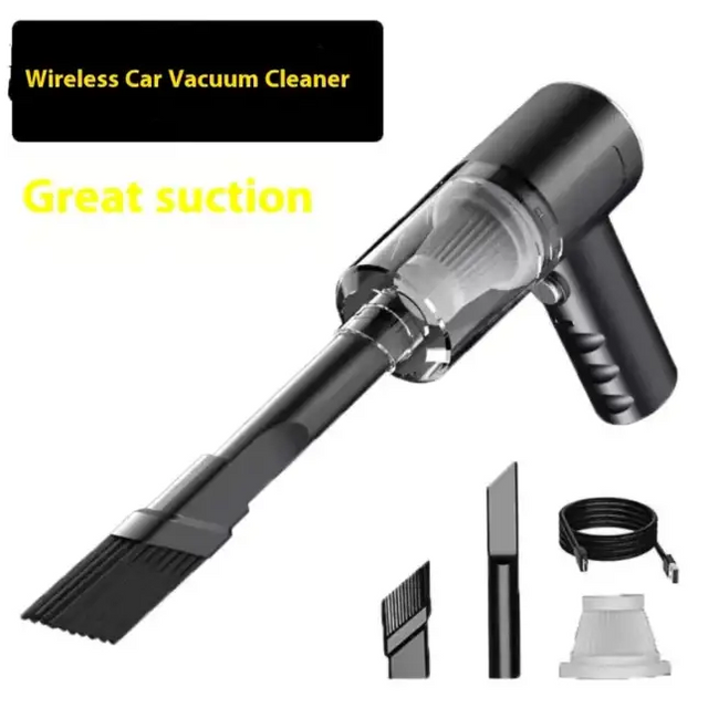 Black wireless car vacuum cleaner with transparent dust collection chamber and multiple attachments.