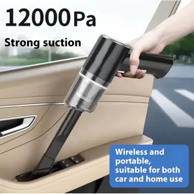 Black wireless handheld vacuum cleaner with a transparent dust collection chamber and sleek, ergonomic design.