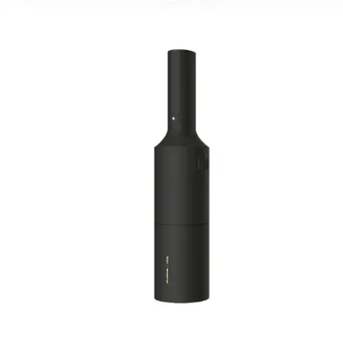 Black cylindrical handheld vacuum cleaner with a sleek matte finish and subtle branding on the lower section