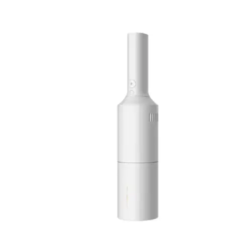 A sleek, minimalist white handheld vacuum cleaner with a cylindrical design and subtle branding details.