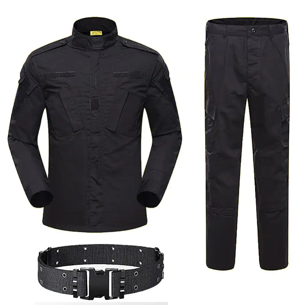 Black tactical uniform set featuring a long-sleeved shirt with multiple pockets and matching cargo pants, complemented by a black webbing belt with a plastic buckle.