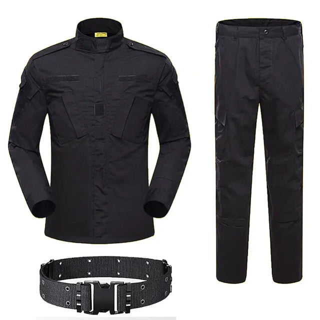 Black tactical uniform set featuring a long-sleeved shirt with multiple pockets and matching cargo pants, complemented by a black webbing belt with a plastic buckle.