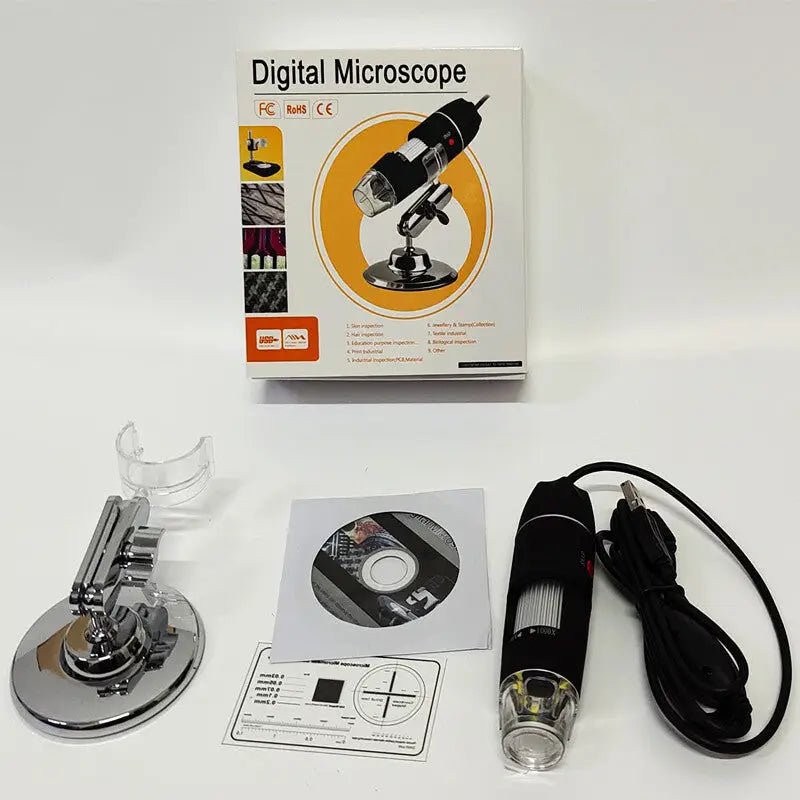 Black and silver digital microscope with a clear lens, mounted on a chrome stand.