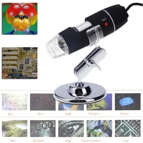 Black and silver digital microscope with a flexible arm, designed for detailed magnification of various surfaces.