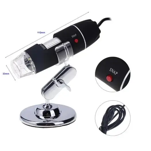 Black and silver handheld digital microscope with a clear lens, chrome stand, and red ’snap’ button.
