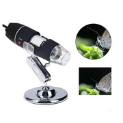 Black and silver handheld digital microscope with a clear lens, mounted on a chrome stand.