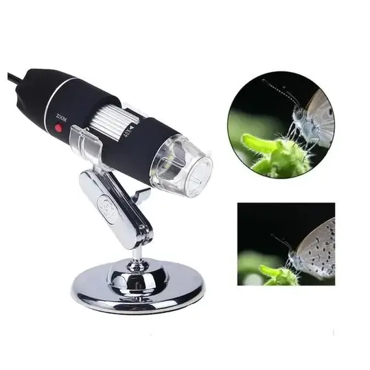 Black and silver handheld digital microscope with a clear lens, mounted on a chrome stand.