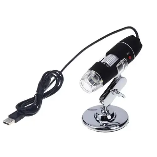 Black and silver usb digital microscope with a clear lens, mounted on a chrome stand.