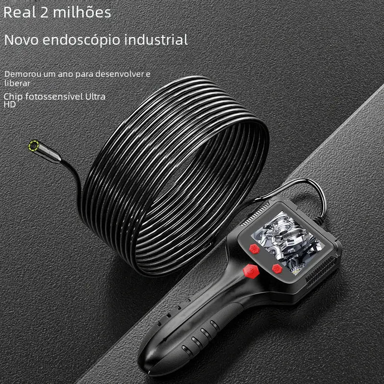 Black industrial endoscope with a coiled flexible cable and red button controls on the handheld monitor.