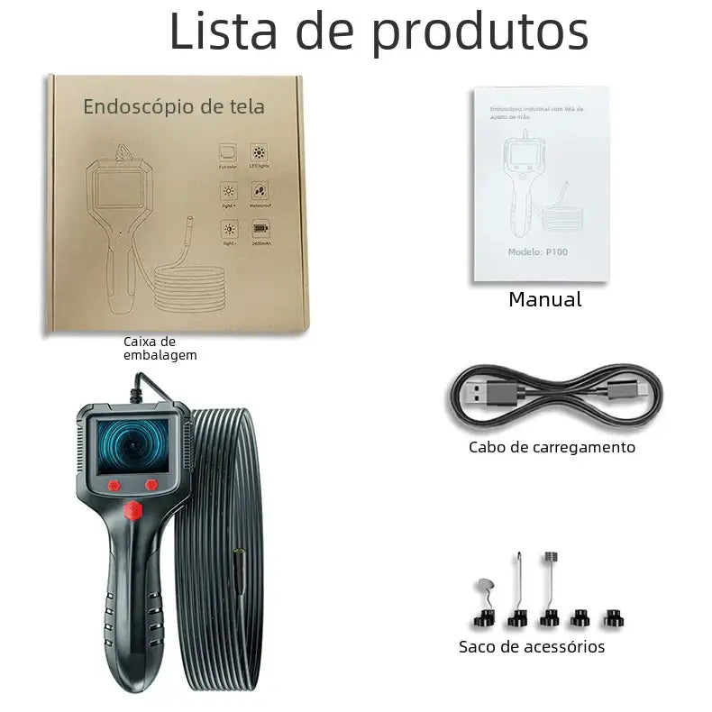 Black handheld endoscope with a rectangular screen and red buttons, featuring a coiled black cable.
