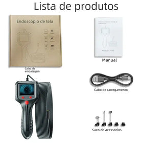 Black handheld endoscope with a rectangular screen and red buttons, featuring a coiled black cable.