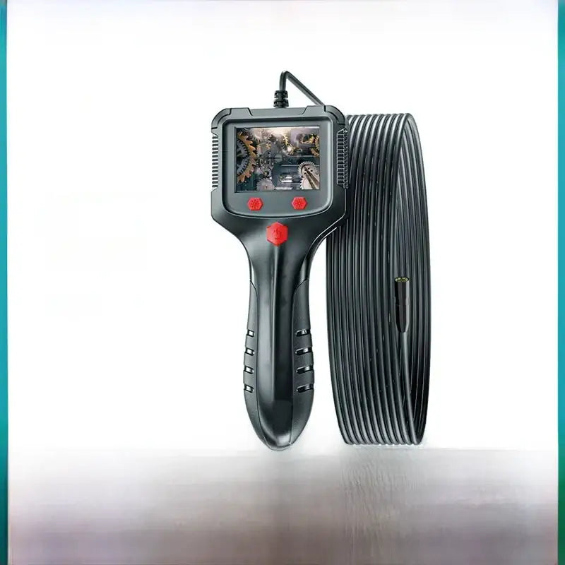 Black handheld industrial borescope with red control buttons and a coiled flexible cable.
