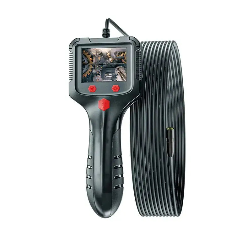 Black handheld industrial borescope with red control buttons and a coiled flexible cable.