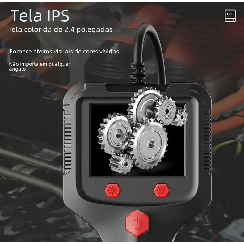 Black and red handheld inspection camera with a 2.4-inch ips screen displaying metallic gears, featuring textured side grips and hexagonal control buttons for industrial use.