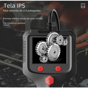 Black and red handheld inspection camera with a 2.4-inch ips screen displaying metallic gears, featuring textured side grips and hexagonal control buttons for industrial use.