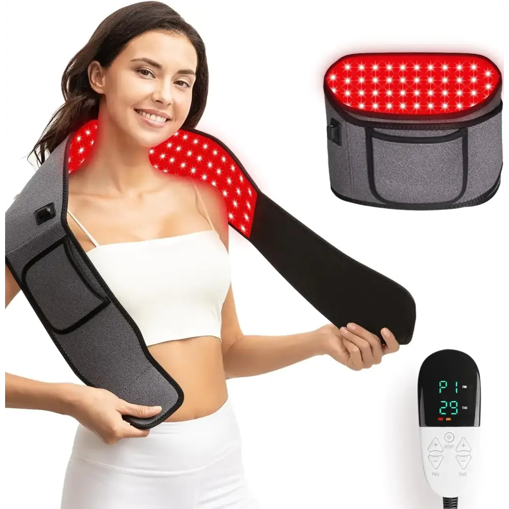 Gray and black led red light therapy neck wrap with illuminated panels.