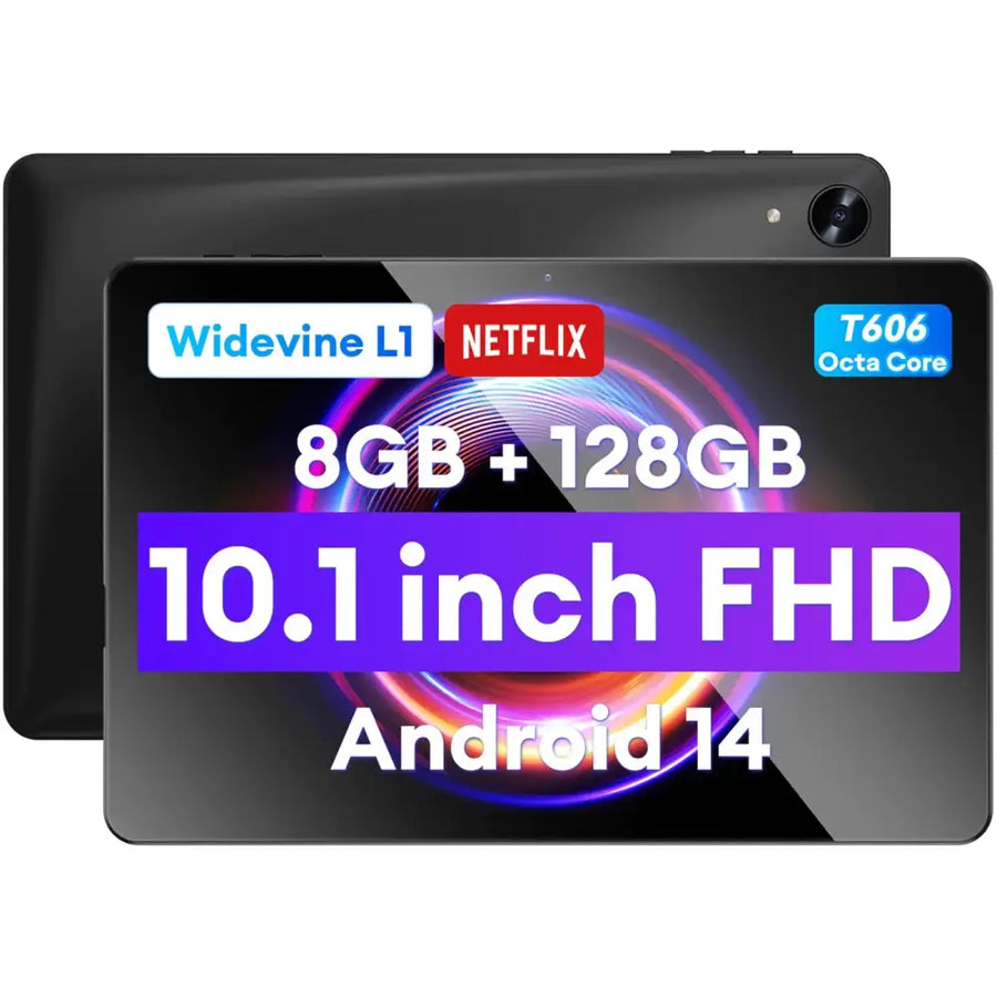 Black 10.1-inch fhd android tablet with t606 octa core processor and 8gb ram, 128gb storage