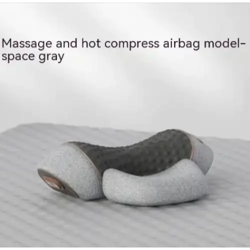 Gray massage and hot compress airbag pillow with a textured, cushioned surface.