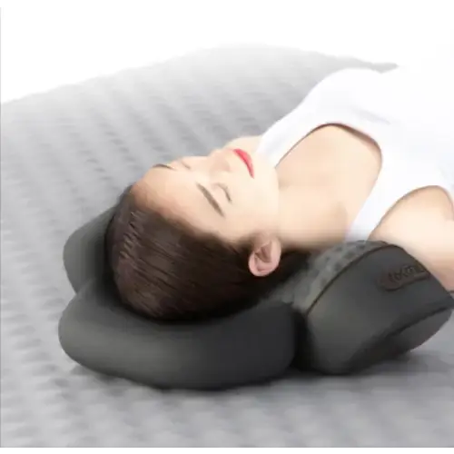 Black ergonomic neck pillow with contoured shape and textured surface