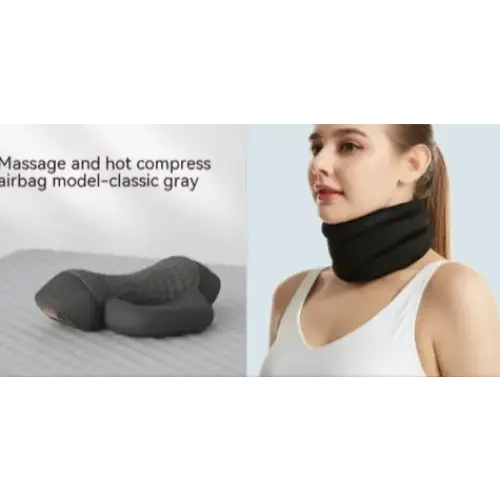 Black inflatable neck support with textured surface and contoured design