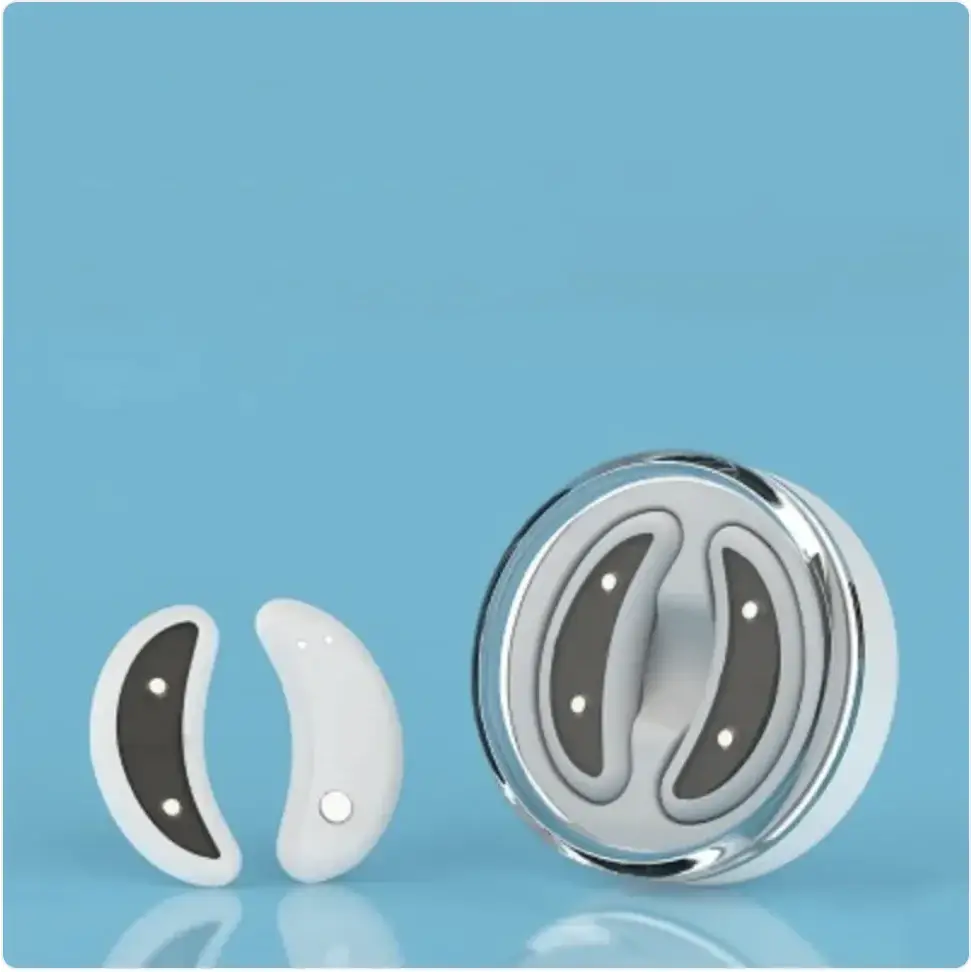 Silver and white wireless earbuds with sleek, modern design.