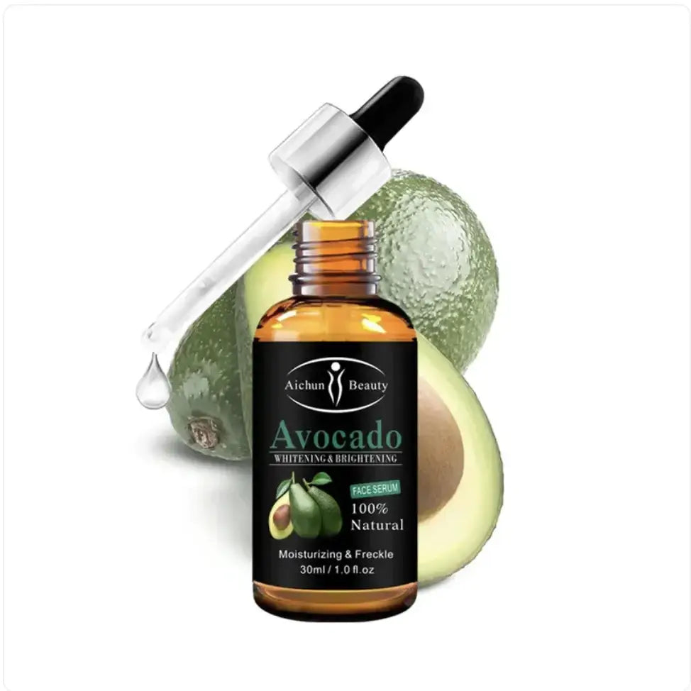 Aichun beauty avocado face serum in a dark amber glass bottle with a silver dropper, featuring black labeling and green text.