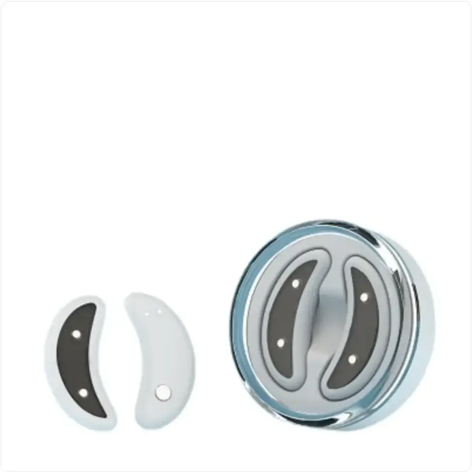 Chrome-finished circular magnetic doorbell with two matching crescent-shaped sensor pads.