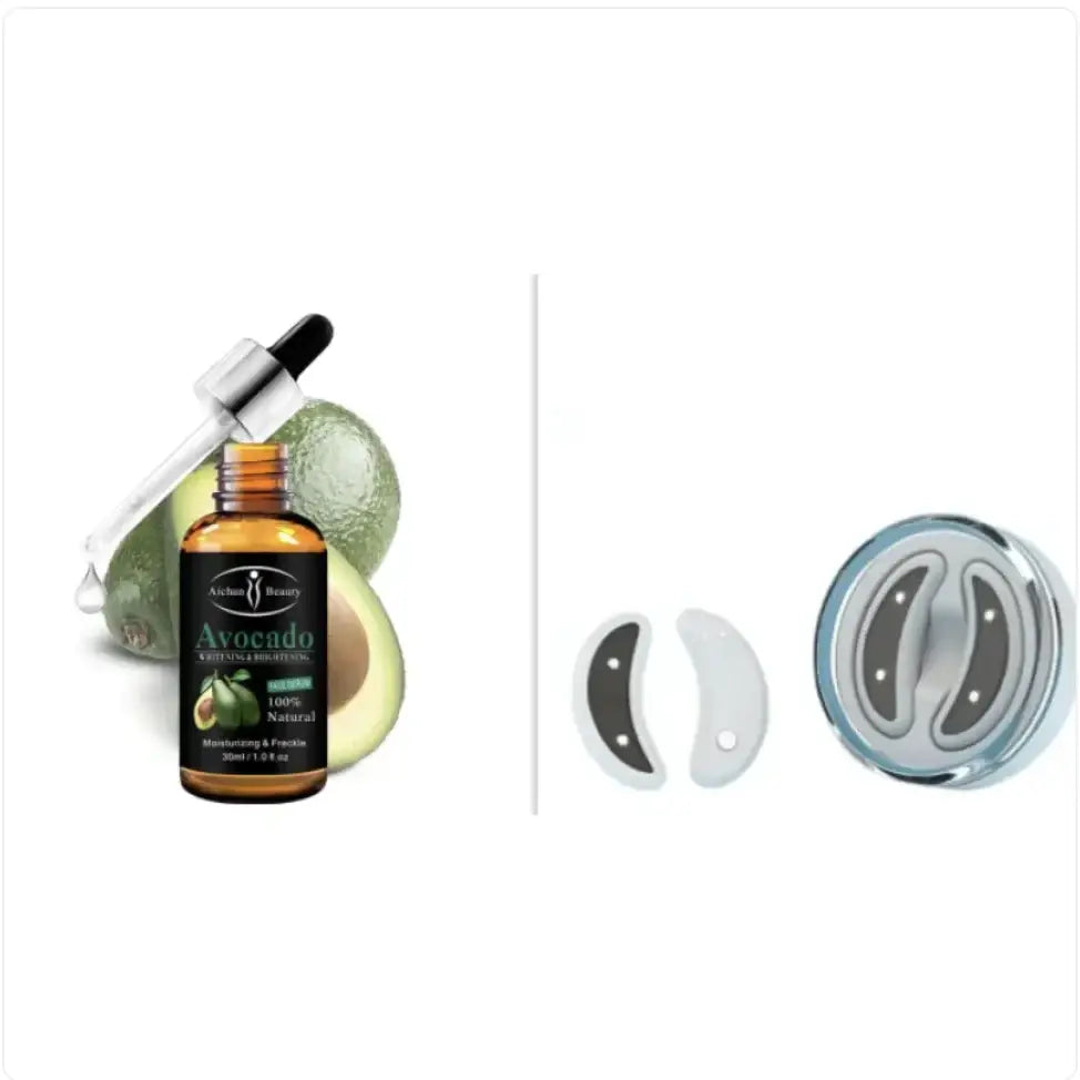 Amber glass bottle with black label and silver dropper, labeled ’avocado’ by aichun beauty.