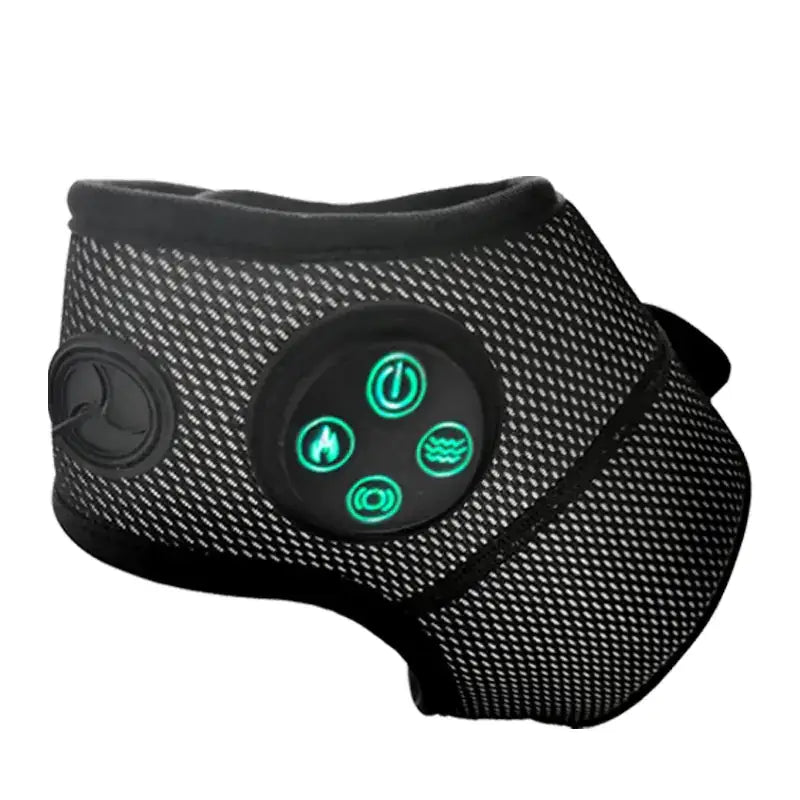 Black mesh-backed heating neck wrap with glowing green control buttons for heat, massage, and vibration modes.