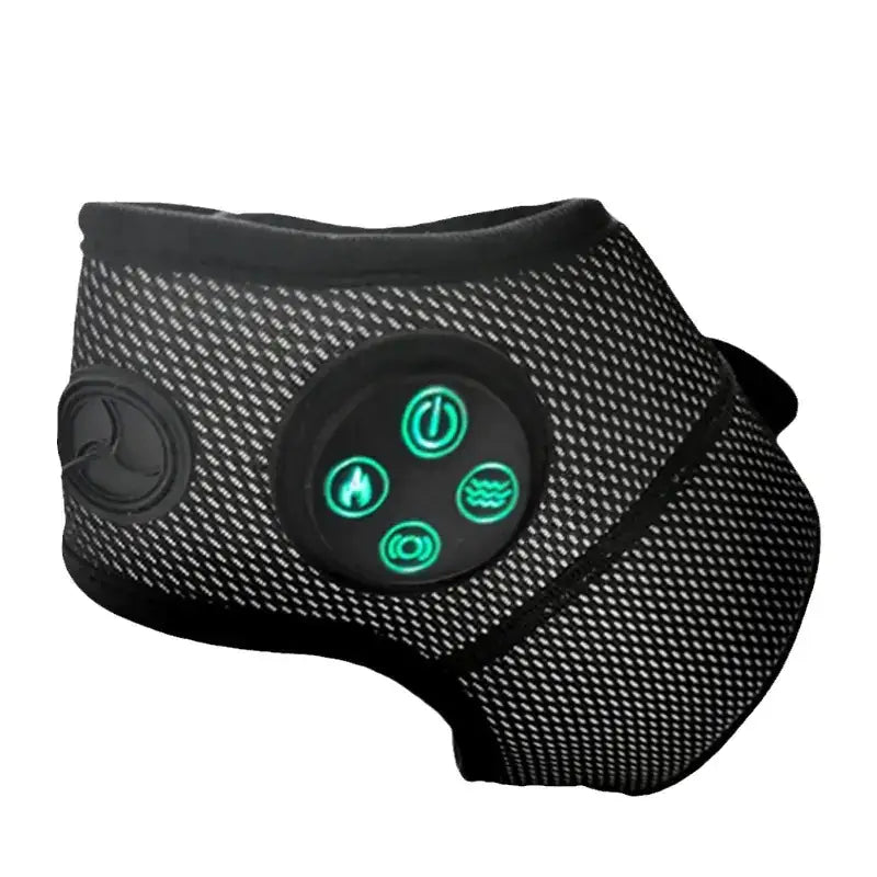 Black mesh-backed electric massage belt with glowing green control buttons for heat, vibration, and other therapies.