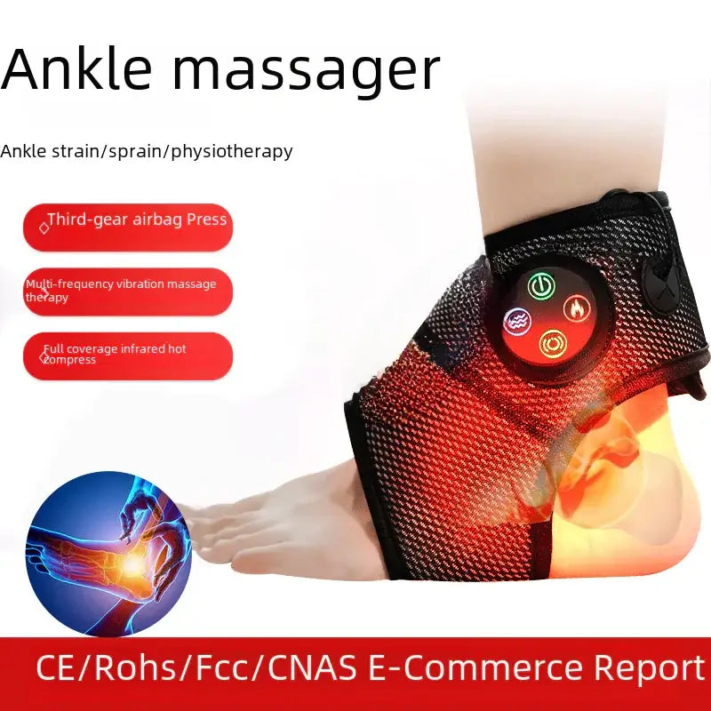 Black mesh ankle massager with a circular control panel featuring colorful buttons for therapy modes.
