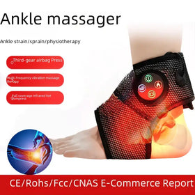 Black mesh ankle massager with a circular control panel featuring colorful buttons for therapy modes.