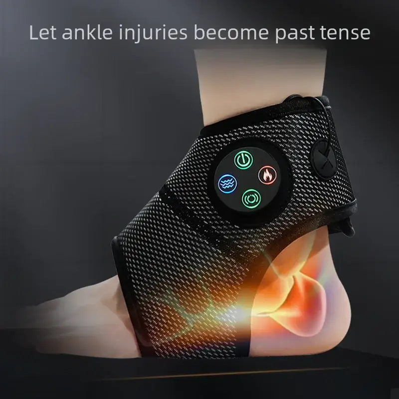Black mesh ankle support with a circular control panel featuring illuminated icons for power, heat, and massage functions.