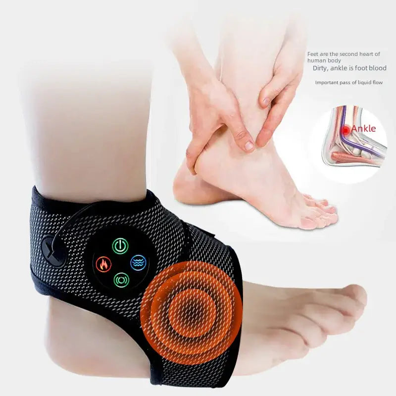 Black mesh ankle support with a circular control panel featuring green, orange, and blue illuminated icons.