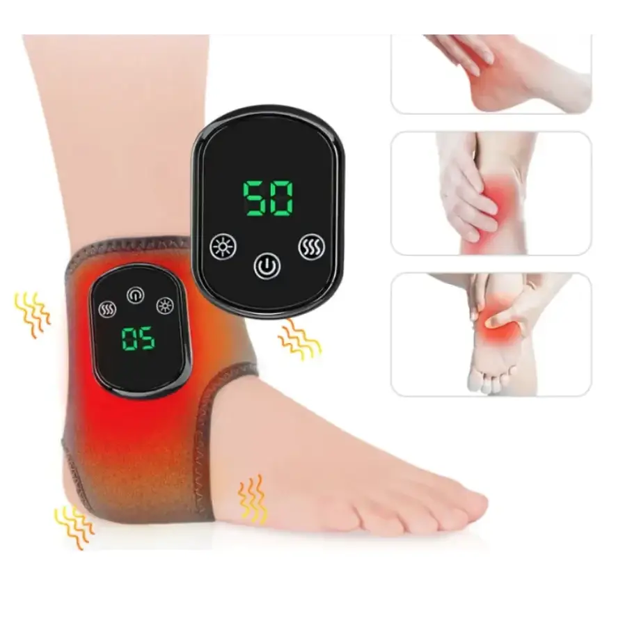 Black digital heated ankle support with glowing green display and control buttons