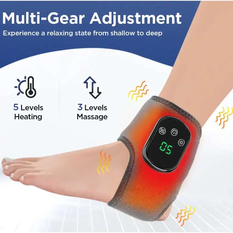 Black digital control panel ankle massager with red and orange heating pad.