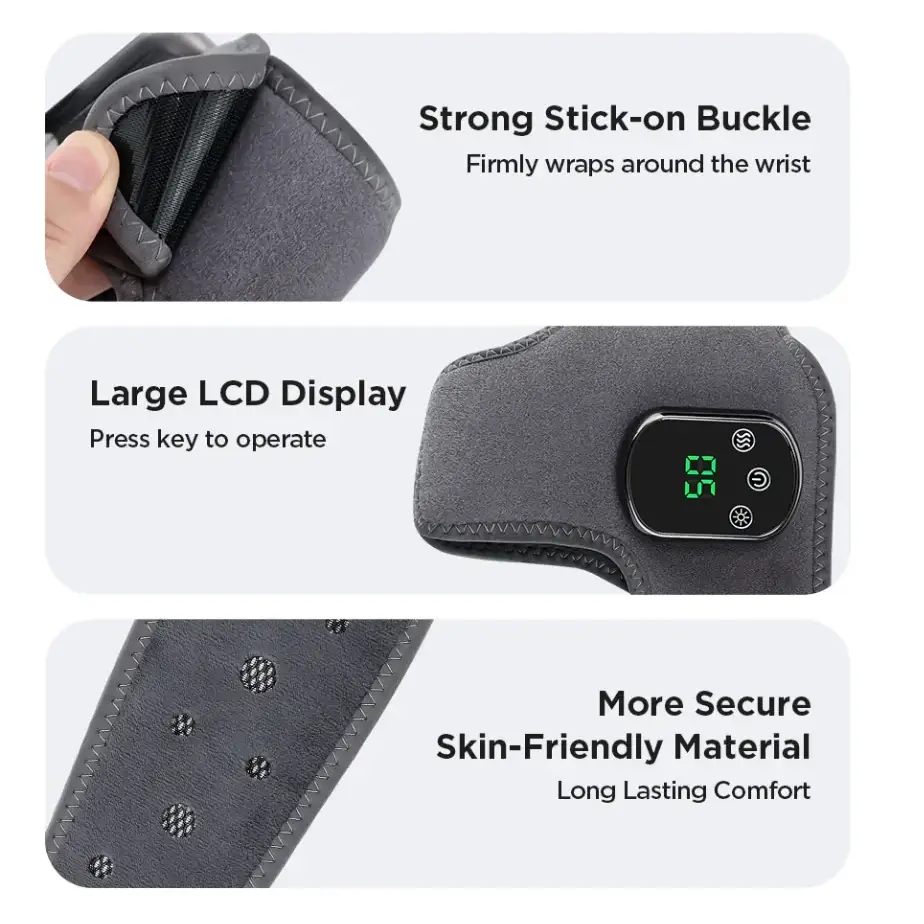 Gray fabric wrist wrap with a digital display and stick-on buckle.