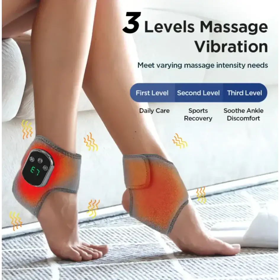 Gray and orange massage ankle wrap with digital control panel for 3 levels of vibration therapy.