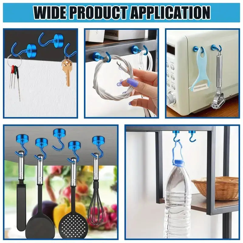Blue magnetic hook with a curved design, suitable for holding keys, cords, kitchen utensils, and bottles.