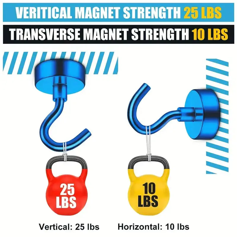 Blue magnetic hook with a curved handle and circular base, designed for holding weights or hanging items.