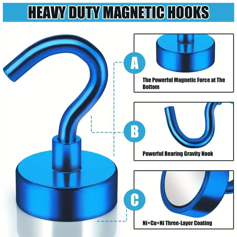 Blue metallic heavy-duty magnetic hook with a curved design and ni+cu+ni three-layer coating.