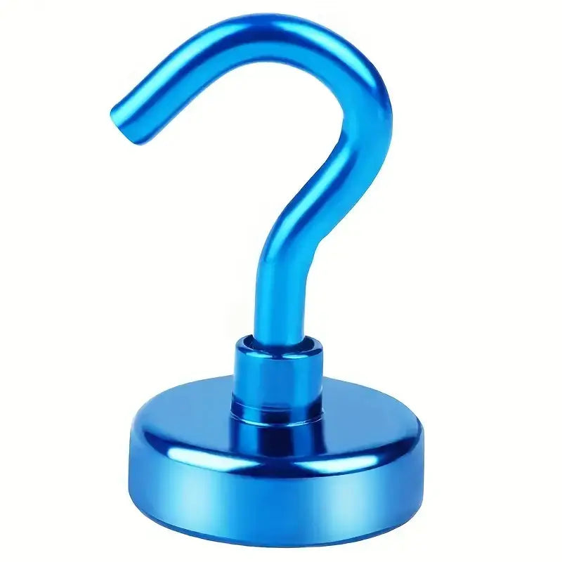Blue metallic hook magnet with a smooth, curved design and a circular base.