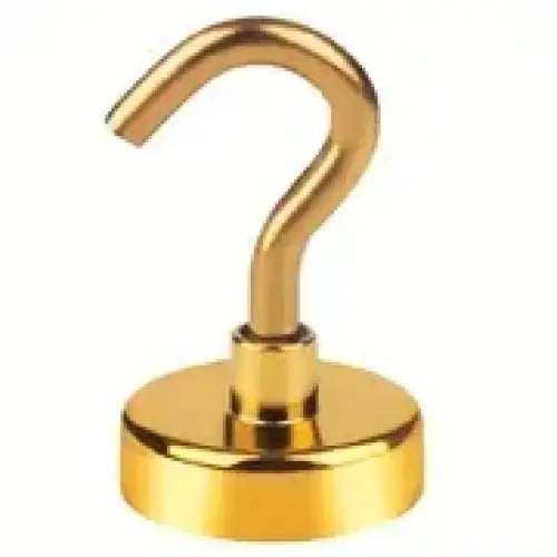 Gold-colored magnetic hook with a polished, reflective surface and a circular base.