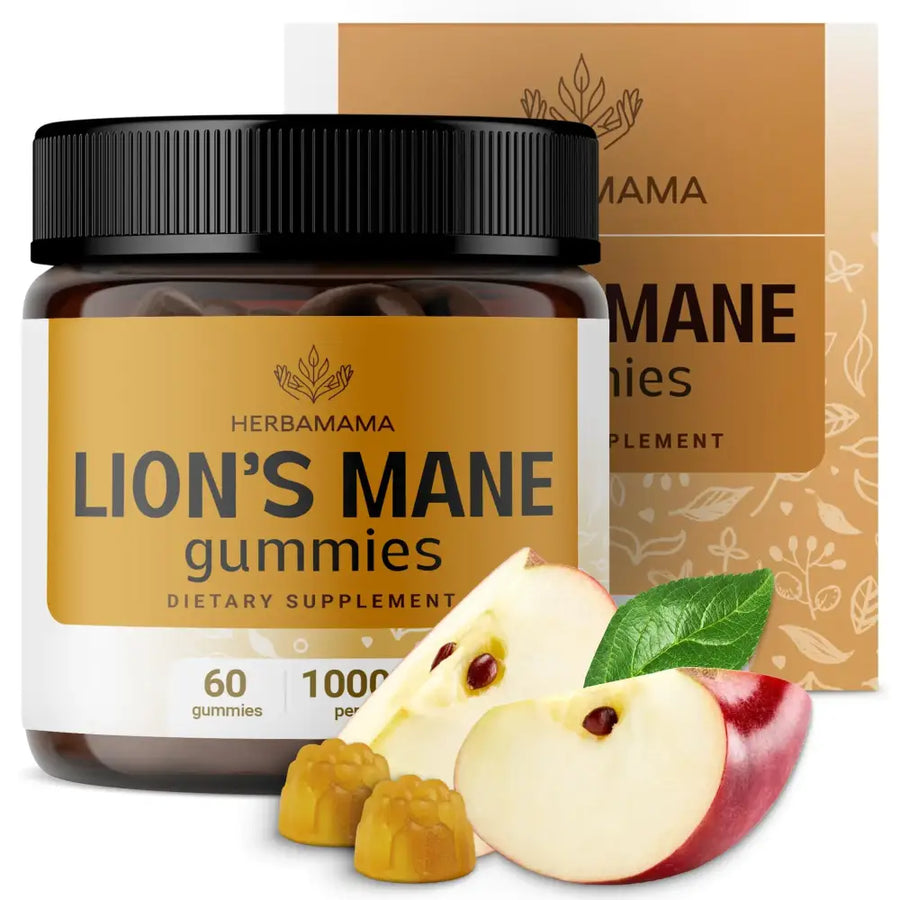 Herbamama lion’s mane gummies in a dark amber jar with black ribbed lid, featuring golden-yellow gelatinous candies shaped like apples.