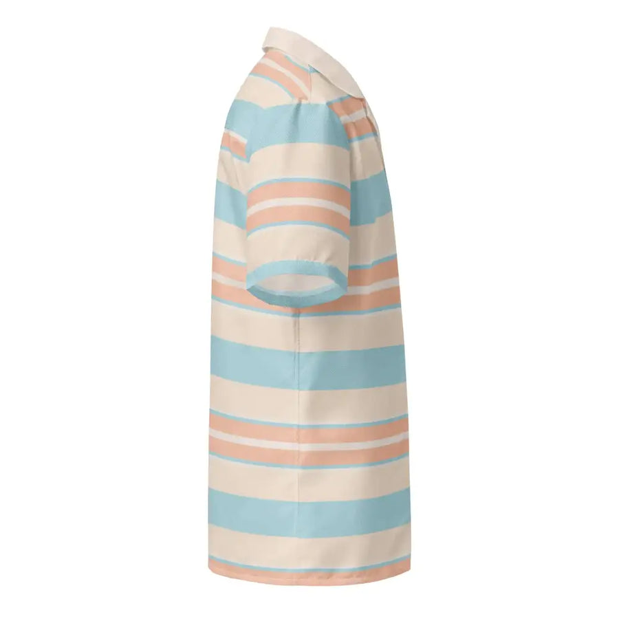 A short-sleeved polo shirt with horizontal stripes in soft blue, peach, and cream colors.